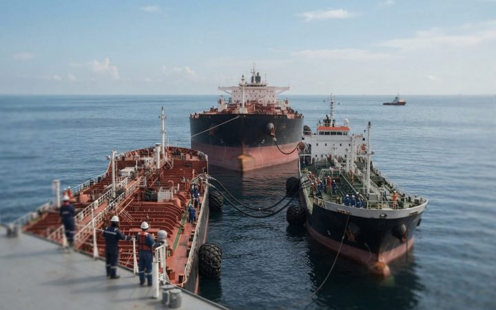 Illustration: A commercial oil tanker conducting a ship-to-ship petroleum transfer with another vessel in calm offshore open waters under a clear dayl