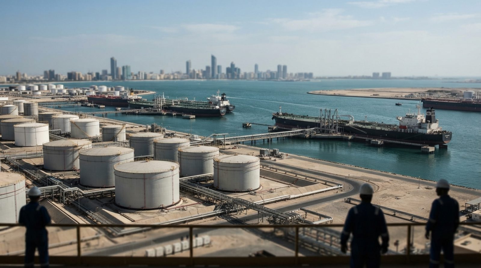 Illustration: Commercial crude oil storage tanks and maritime oil tankers docked at an industrial export terminal in the Arabian Gulf under clear dayl