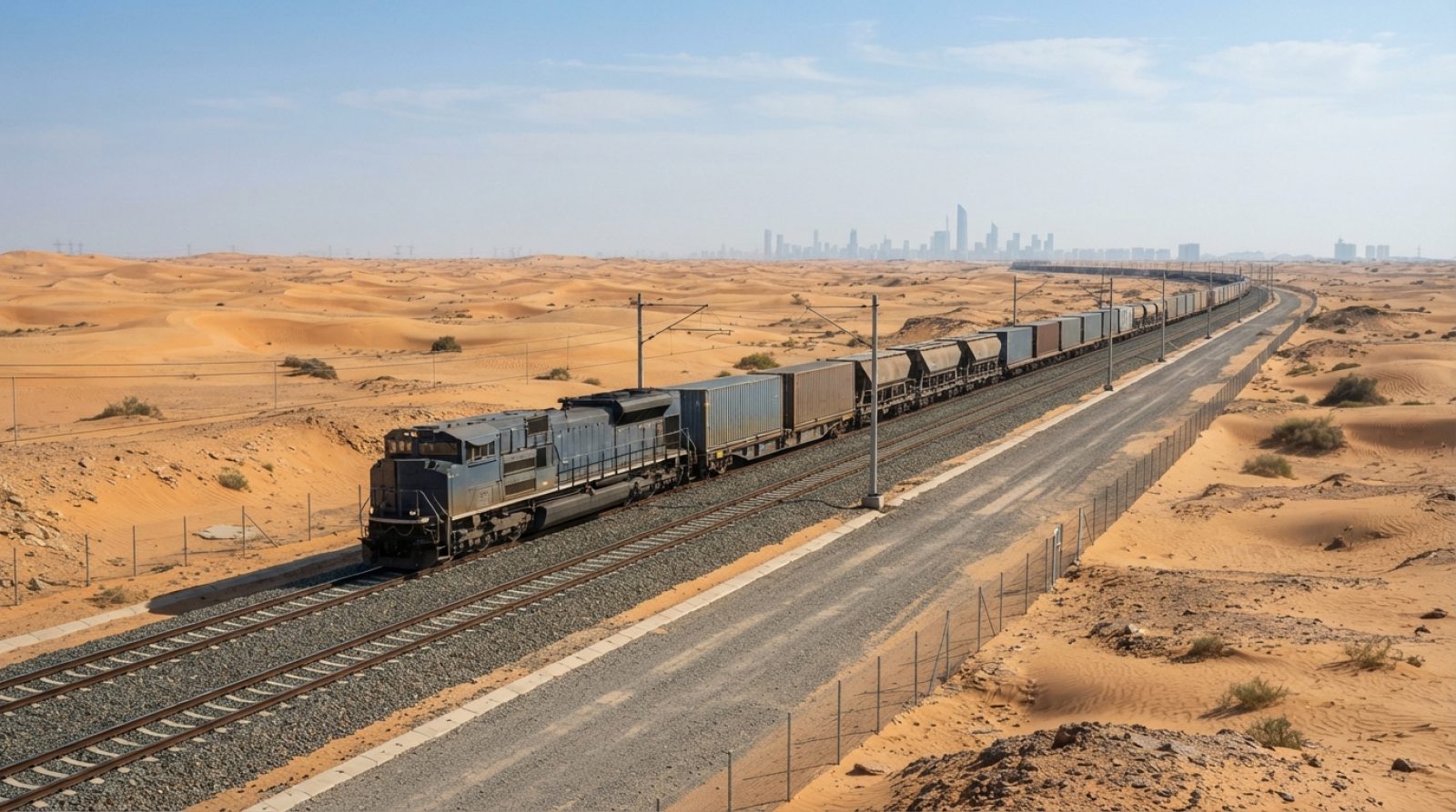 Illustration: A modern freight train running on railway tracks across an open desert corridor in the Gulf region under clear daylight, realistic edito
