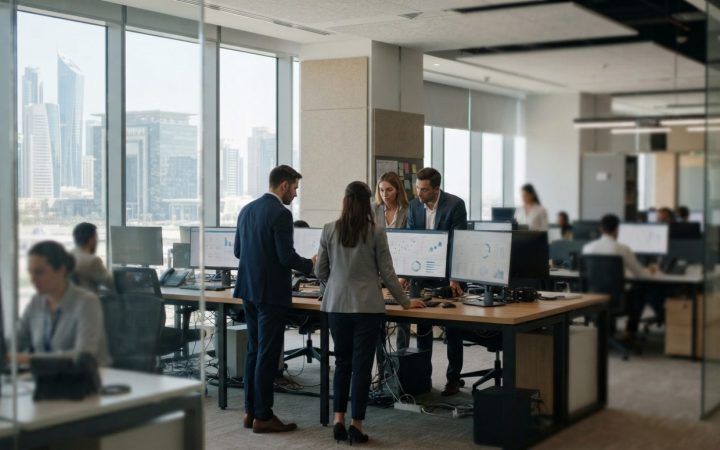 Illustration: A modern, bright open-plan digital office and tech hub in Abu Dhabi with professionals collaborating around computer screens displaying