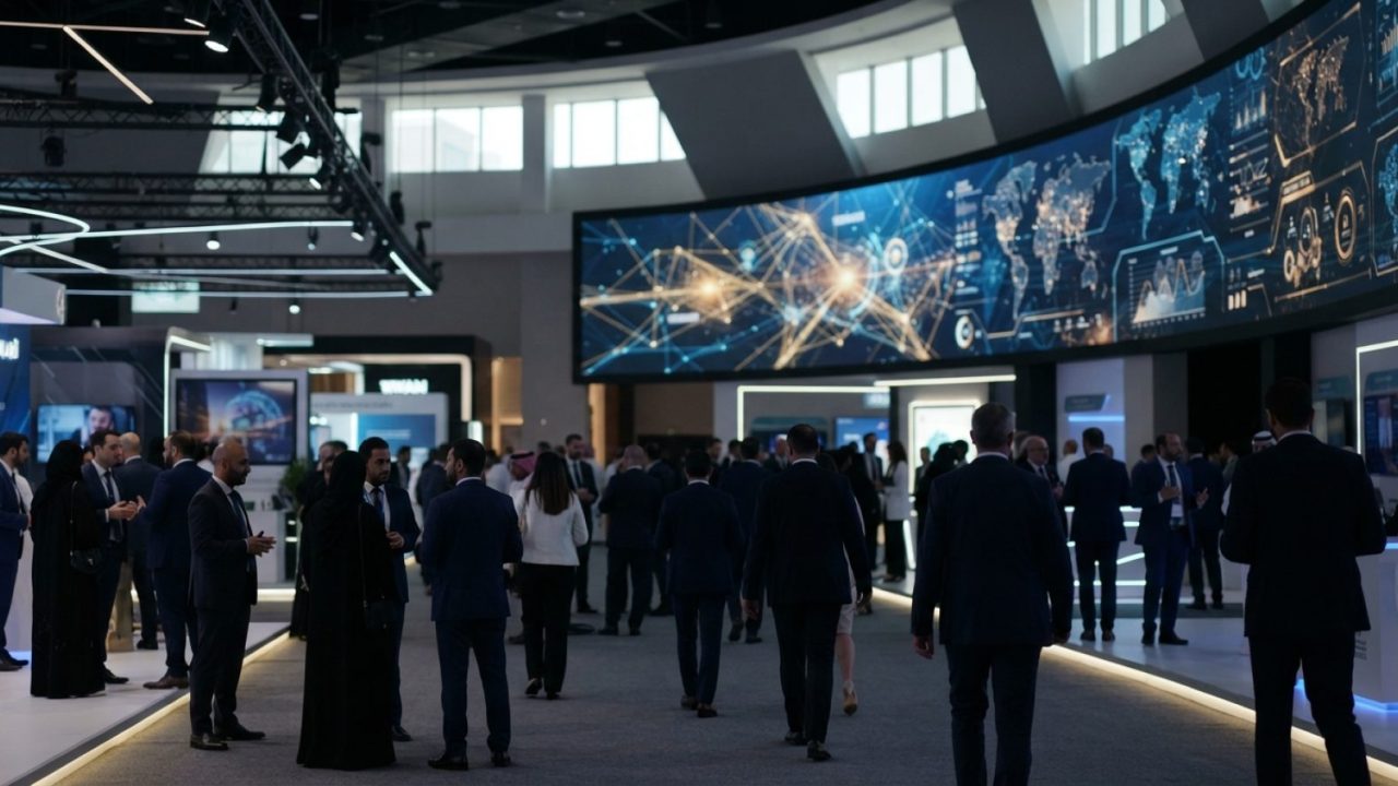 Illustration: Editorial photograph of a modern tech convention centre hall in Dubai with illuminated digital displays showing abstract network data vi