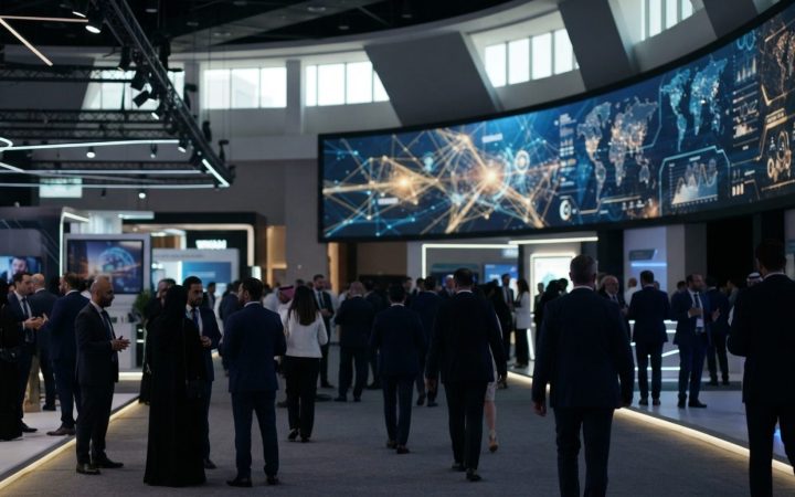 Illustration: Editorial photograph of a modern tech convention centre hall in Dubai with illuminated digital displays showing abstract network data vi