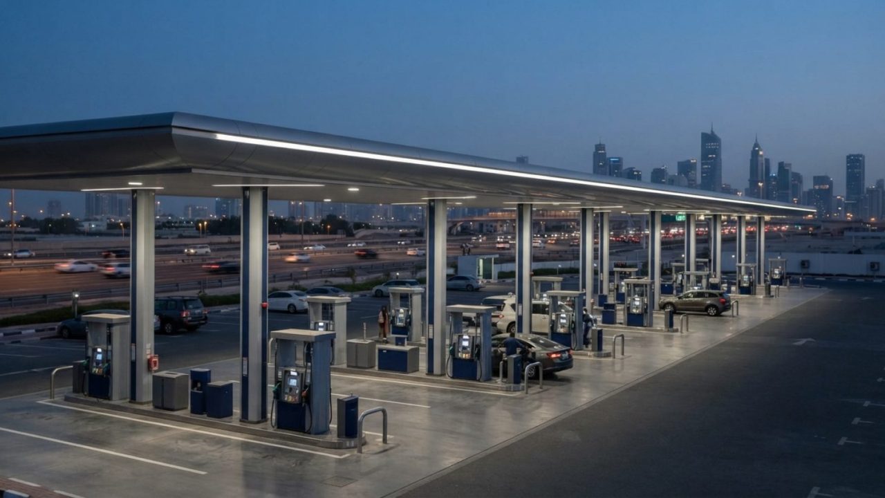 Illustration: A modern commercial fuel station in the United Arab Emirates with vehicle fueling pumps lined up in neat perspective under canopy lighti