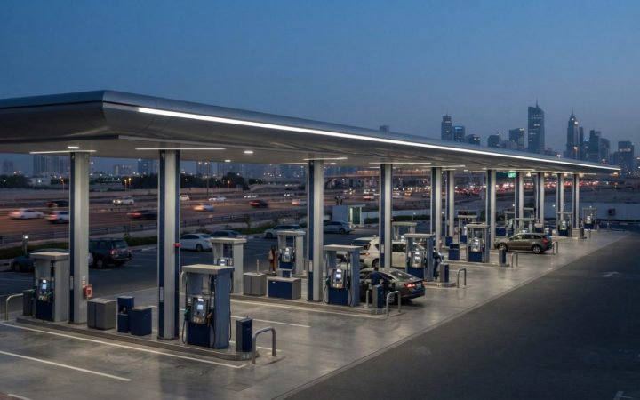 Illustration: A modern commercial fuel station in the United Arab Emirates with vehicle fueling pumps lined up in neat perspective under canopy lighti