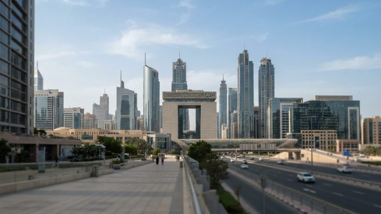 Illustration: Modern financial skyline of Dubai International Financial Centre with glass office towers and modern architecture under a clear daytime
