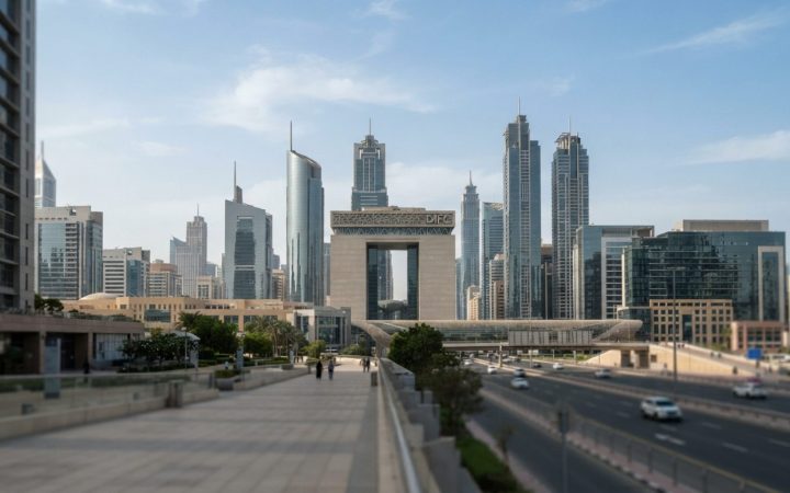 Illustration: Modern financial skyline of Dubai International Financial Centre with glass office towers and modern architecture under a clear daytime
