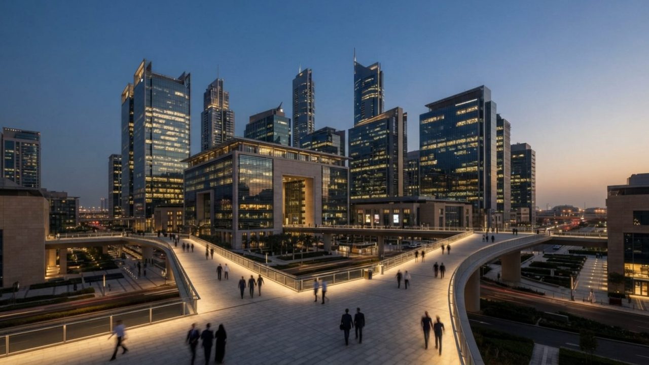 Illustration: A wide-angle architectural photograph capturing modern skyscrapers in the Dubai International Financial Centre at dusk, featuring illumi