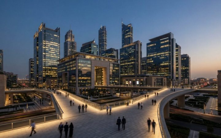 Illustration: A wide-angle architectural photograph capturing modern skyscrapers in the Dubai International Financial Centre at dusk, featuring illumi