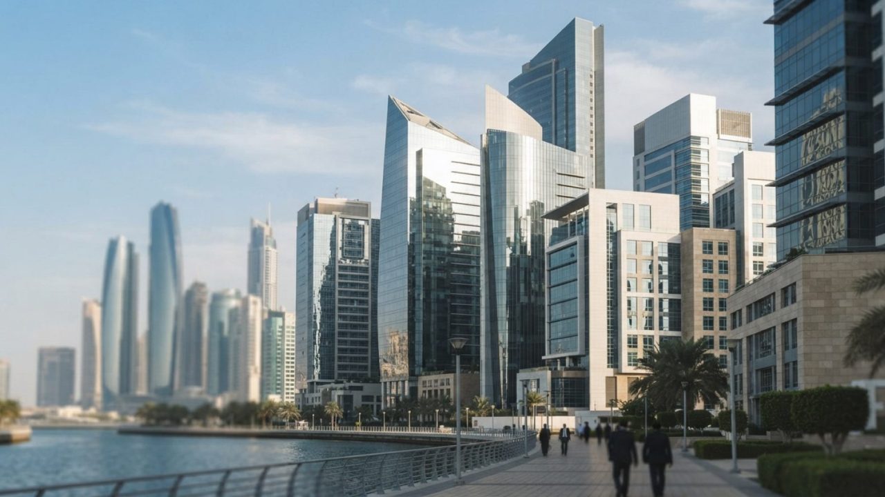 Illustration: A modern financial district architectural scene featuring high-rise glass corporate towers under a clear sky, reflecting international f