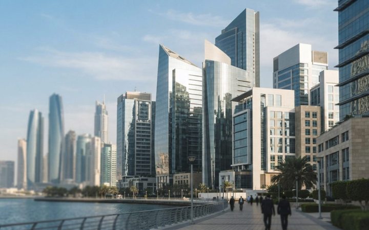 Illustration: A modern financial district architectural scene featuring high-rise glass corporate towers under a clear sky, reflecting international f
