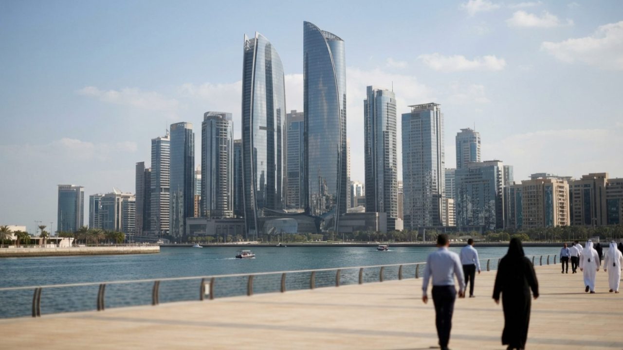 Illustration: A modern skyline of Abu Dhabi or Dubai financial district with towering glass skyscrapers and high-rise commercial architecture under br