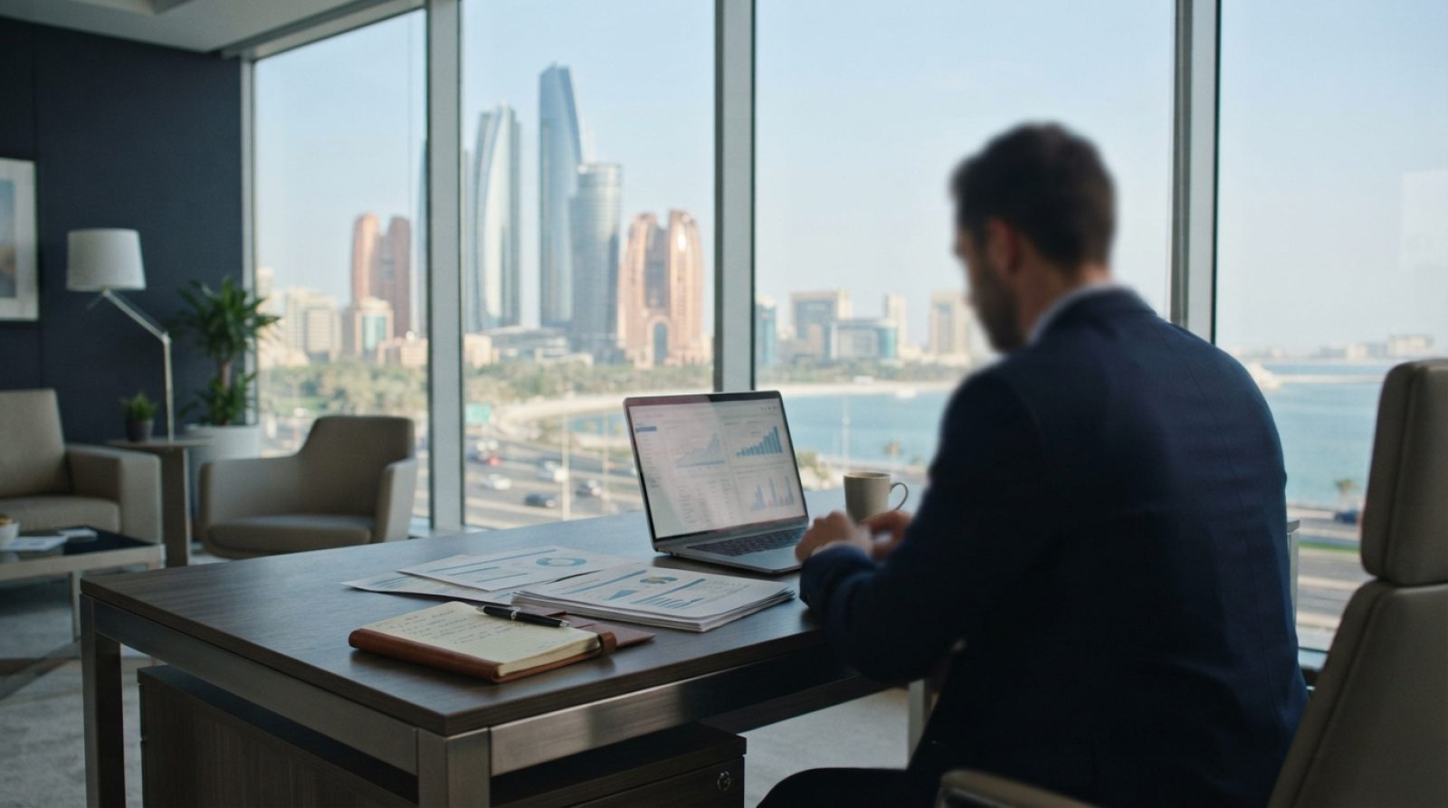 Illustration: A modern corporate office interior overlooking the skyline of Dubai or Abu Dhabi at daytime, featuring a desk with financial planning do