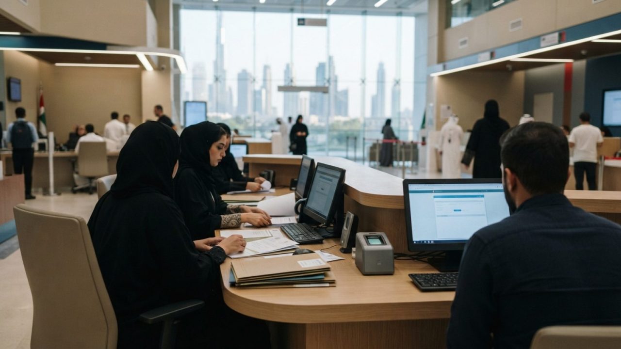 Illustration: A modern government service counter and business documentation office in Dubai, featuring a clean wooden consultation desk, biometric sc
