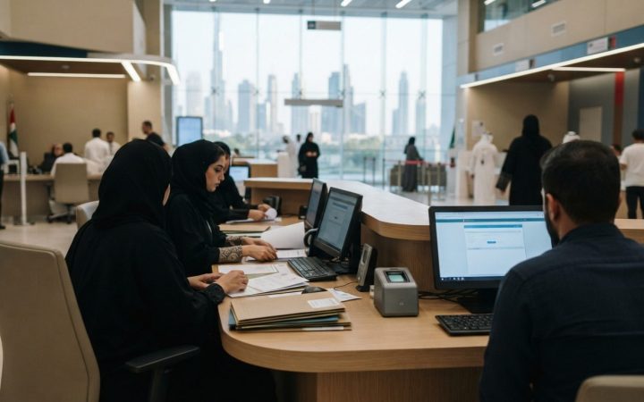 Illustration: A modern government service counter and business documentation office in Dubai, featuring a clean wooden consultation desk, biometric sc