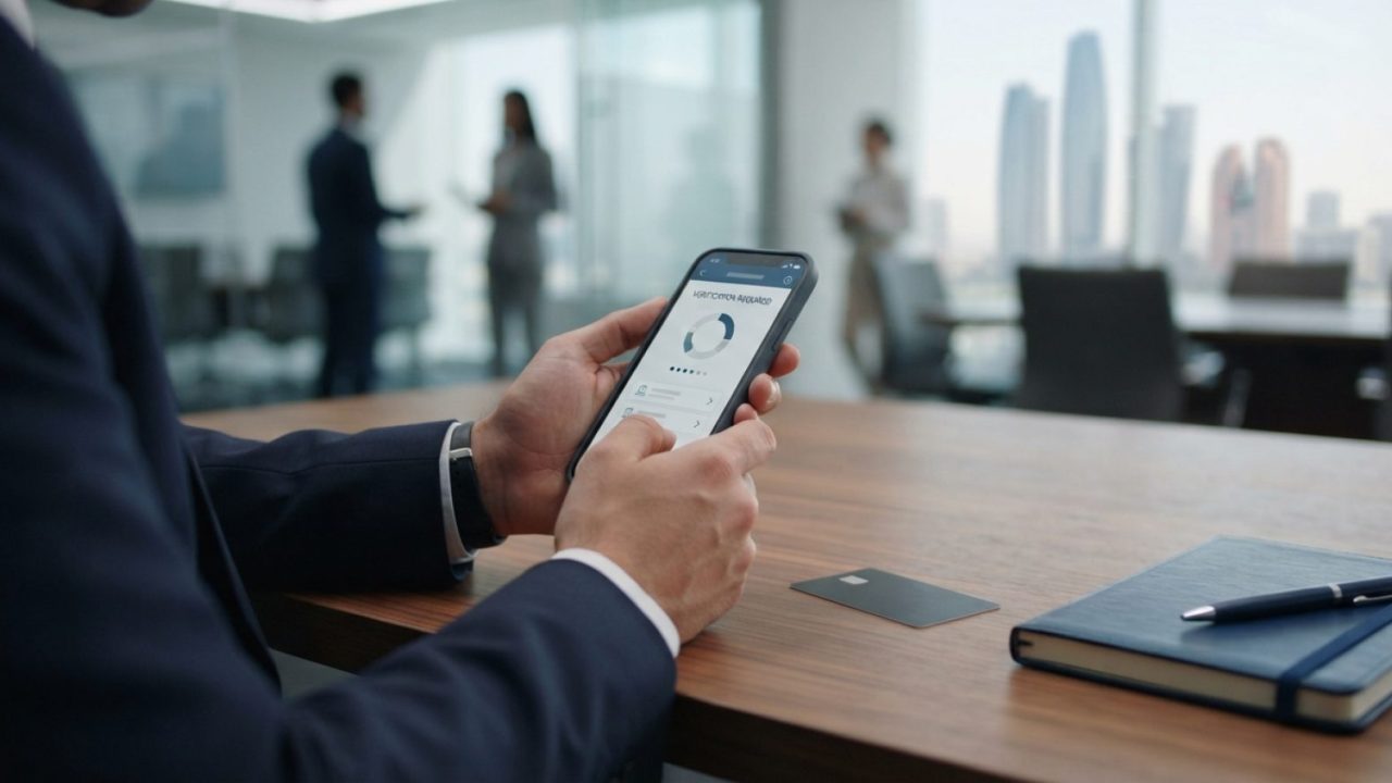 Illustration: A close-up of a person's hands holding a modern smartphone displaying a secure digital banking interface with verification prompts, besi