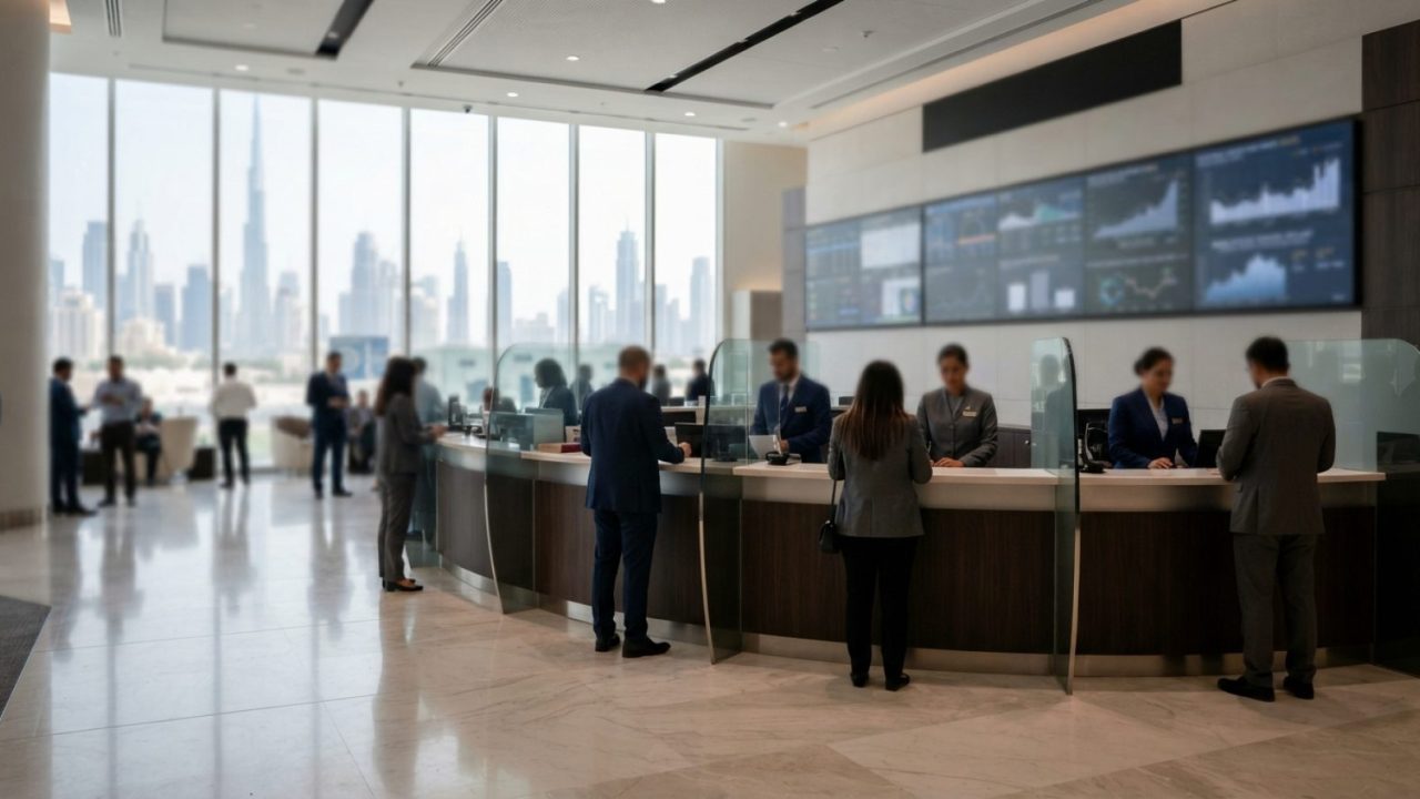 Illustration: A modern commercial banking interior in Dubai with service counters, polished marble flooring, and digital financial displays in the bac