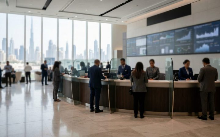 Illustration: A modern commercial banking interior in Dubai with service counters, polished marble flooring, and digital financial displays in the bac