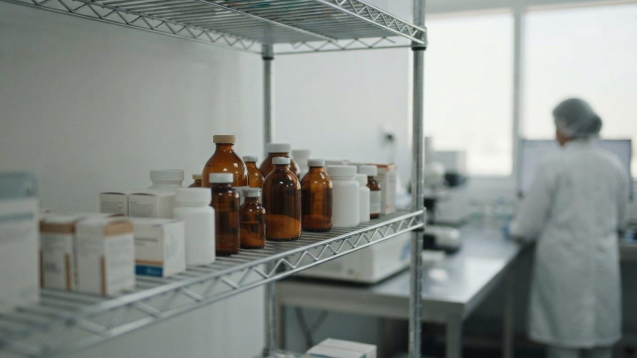 Illustration: Editorial news photograph showing a sterile pharmaceutical inspection laboratory shelf with medicine bottles and veterinary healthcare p