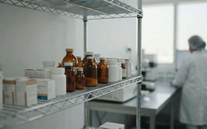 Illustration: Editorial news photograph showing a sterile pharmaceutical inspection laboratory shelf with medicine bottles and veterinary healthcare p