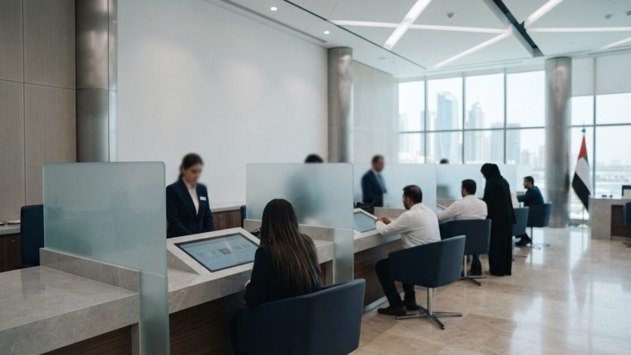 Illustration: A modern government service centre interior in the United Arab Emirates, showing sleek minimalist service counters, glass partitions, an