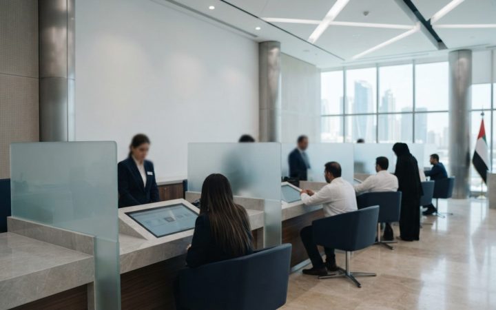 Illustration: A modern government service centre interior in the United Arab Emirates, showing sleek minimalist service counters, glass partitions, an