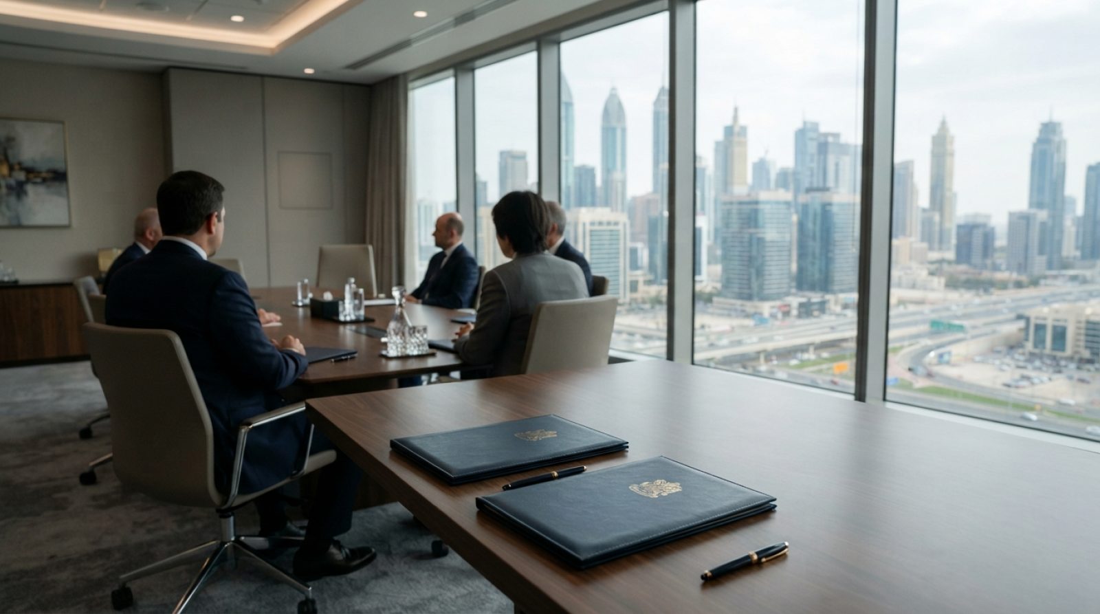 Illustration: A modern commercial conference room table with formal treaty folders, high-rise office towers visible through floor-to-ceiling windows u
