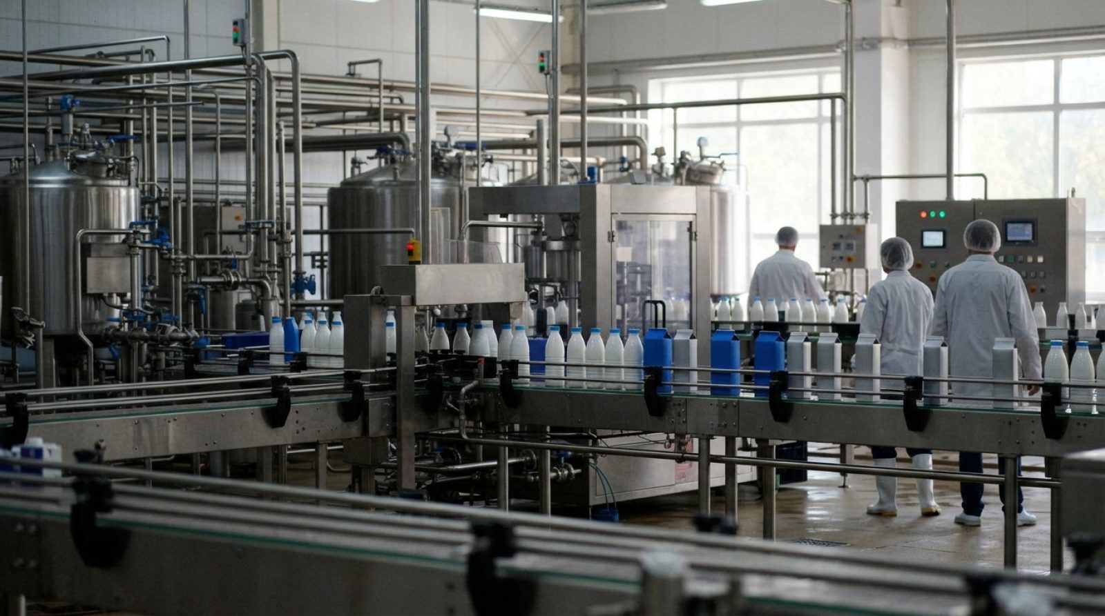 Illustration: A modern dairy processing facility with stainless steel production lines and packaging conveyors, brightly lit editorial news style, sho