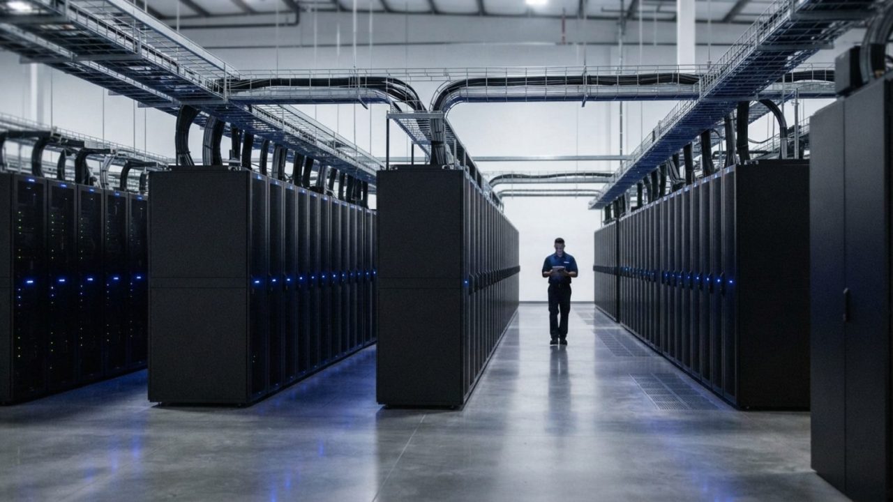 Illustration: An expansive modern data centre interior showcasing rows of server racks with subtle blue glowing LED lights, clean industrial architect