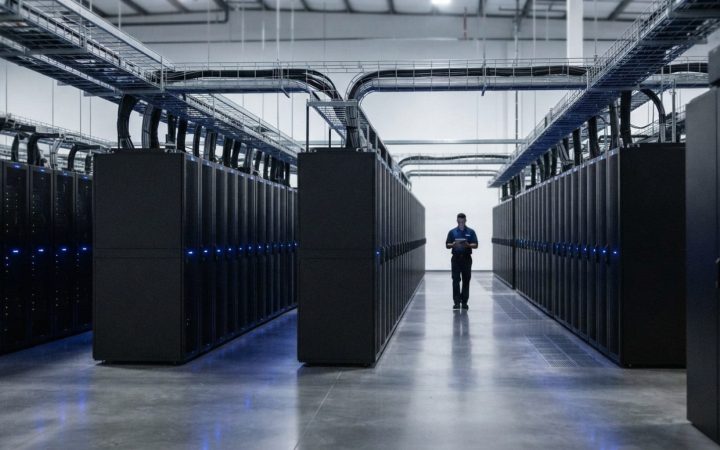 Illustration: An expansive modern data centre interior showcasing rows of server racks with subtle blue glowing LED lights, clean industrial architect