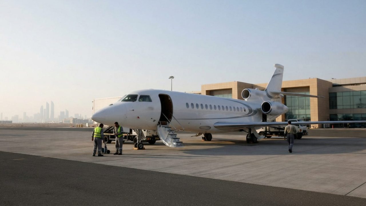 Illustration: A modern executive business jet stationed on the tarmac of a private aviation terminal in the UAE under morning light, with ground suppo