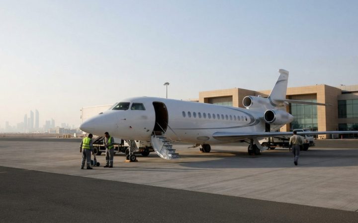 Illustration: A modern executive business jet stationed on the tarmac of a private aviation terminal in the UAE under morning light, with ground suppo