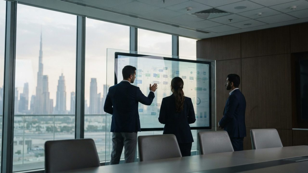 Illustration: A modern corporate office interior in Dubai with business professionals analyzing automated workflow diagrams and data on large digital