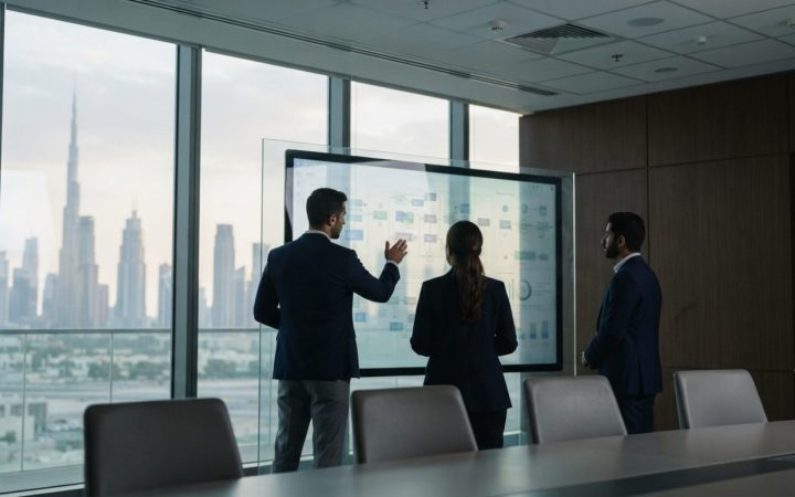 Illustration: A modern corporate office interior in Dubai with business professionals analyzing automated workflow diagrams and data on large digital