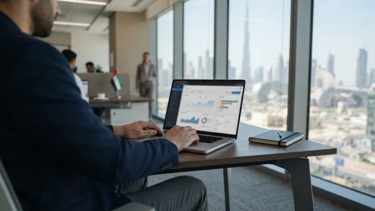 Illustration: A modern corporate office desk in the United Arab Emirates with a laptop displaying financial charts and digital tax filing interfaces,