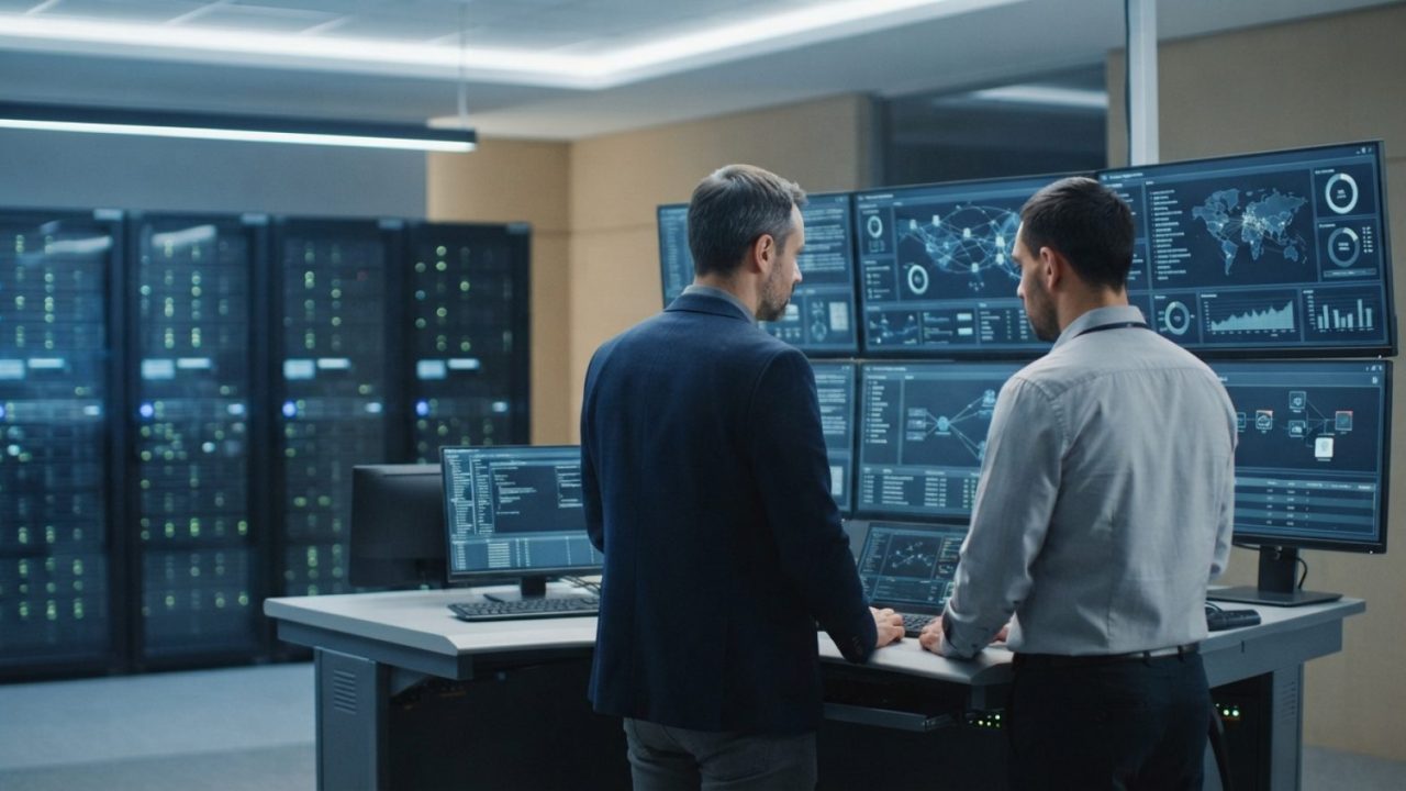 Illustration: A modern enterprise server room and IT operations office in the United Arab Emirates, showing network engineers examining digital infras