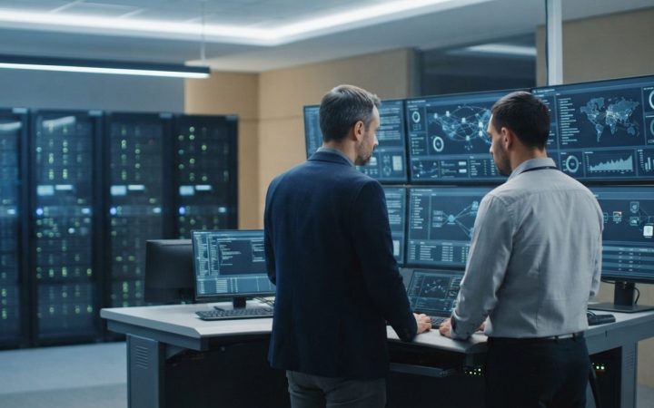 Illustration: A modern enterprise server room and IT operations office in the United Arab Emirates, showing network engineers examining digital infras