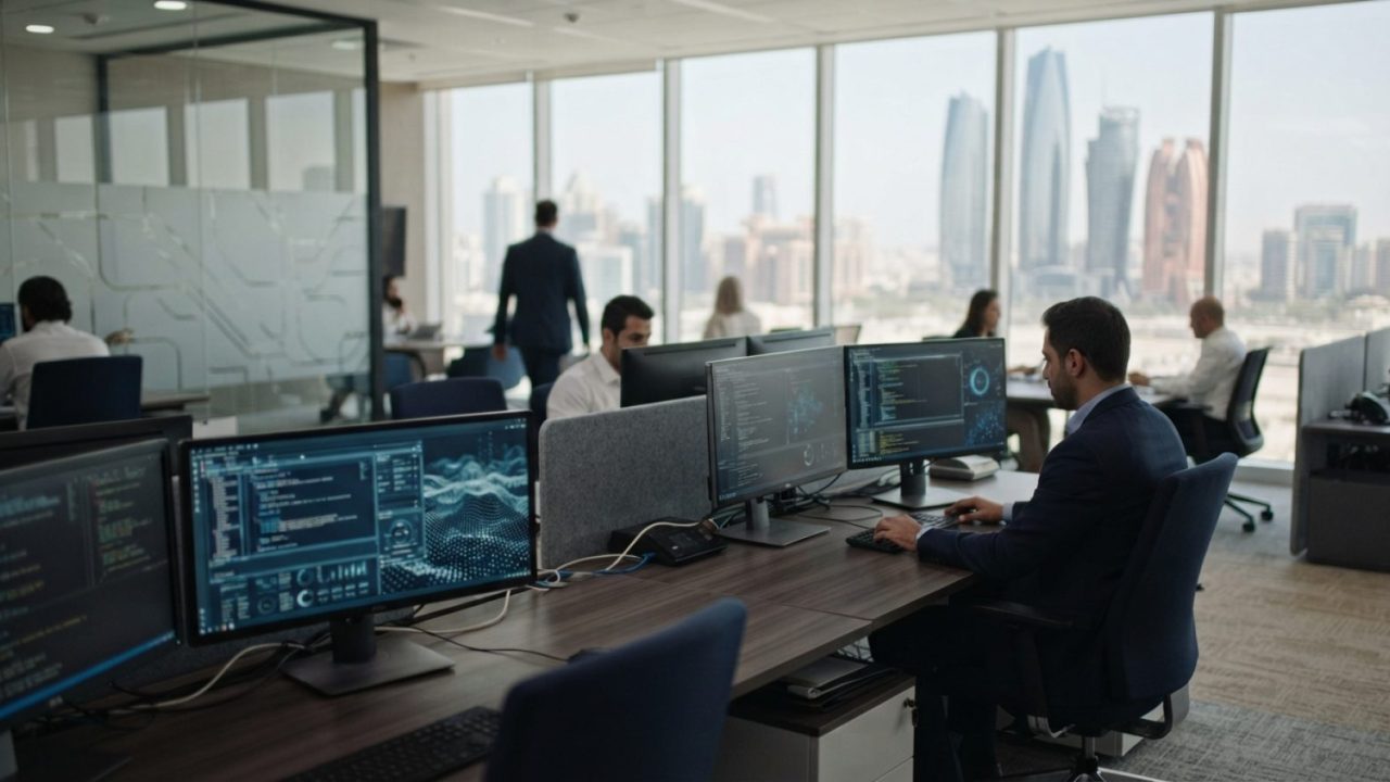Illustration: A modern corporate office interior in the United Arab Emirates with screens displaying digital data architectures and legal compliance s