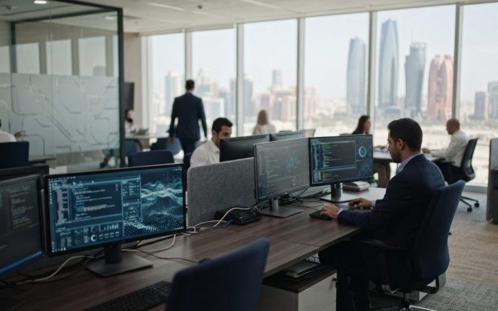 Illustration: A modern corporate office interior in the United Arab Emirates with screens displaying digital data architectures and legal compliance s
