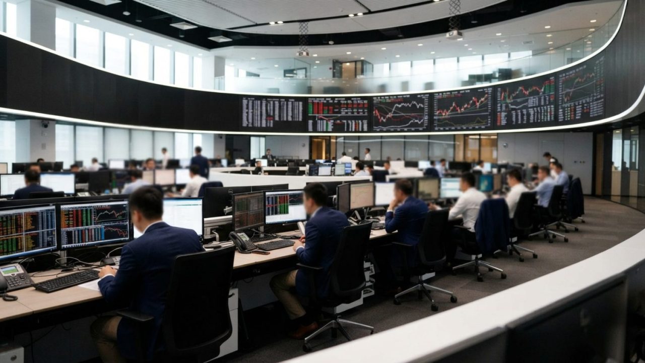 Illustration: A modern, brightly lit stock exchange trading floor with financial data charts displayed across large digital monitors, showing clean ar