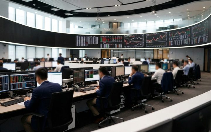 Illustration: A modern, brightly lit stock exchange trading floor with financial data charts displayed across large digital monitors, showing clean ar