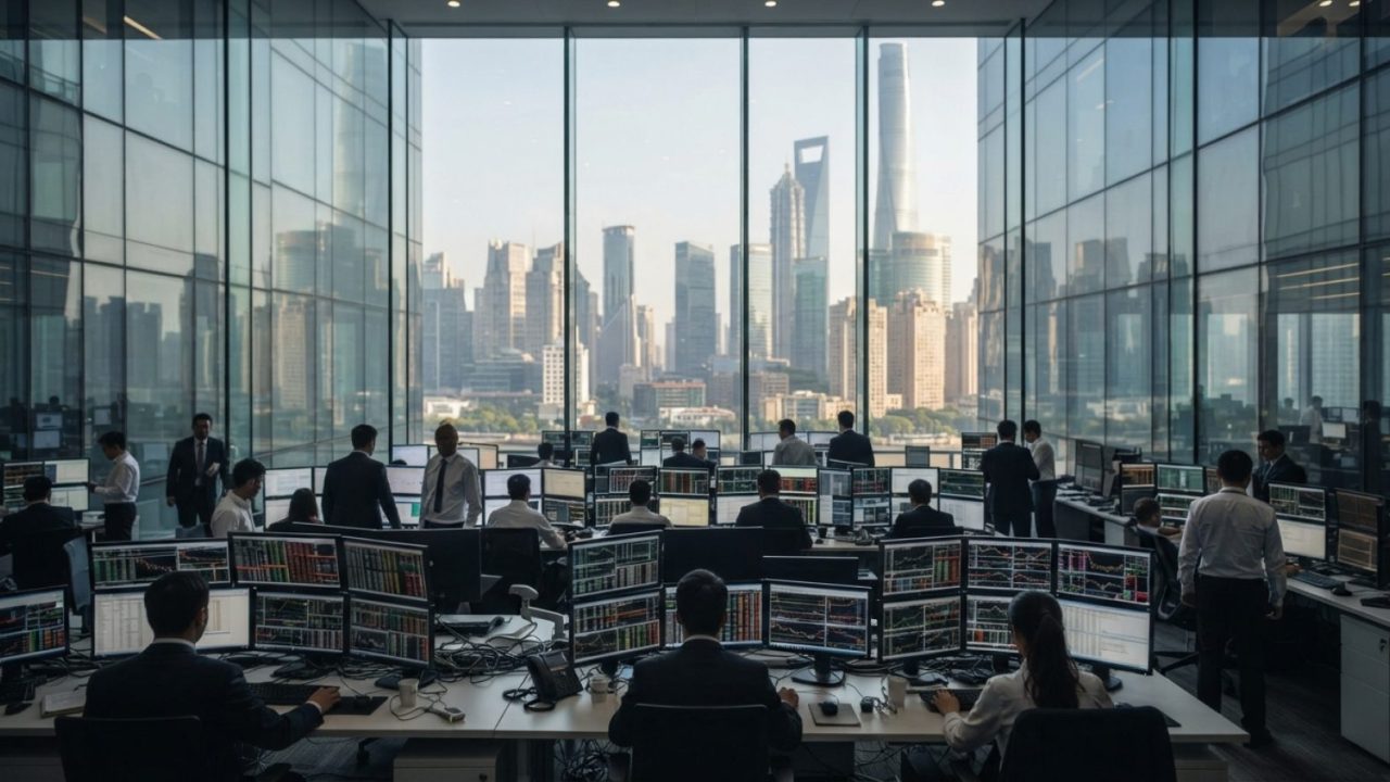 Illustration: Modern financial district office towers with glass facades reflecting financial charts and monitors on corporate trading floors, realist