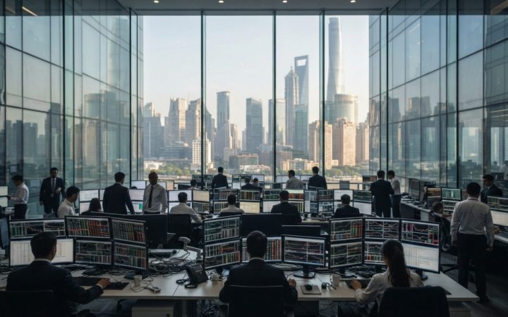 Illustration: Modern financial district office towers with glass facades reflecting financial charts and monitors on corporate trading floors, realist