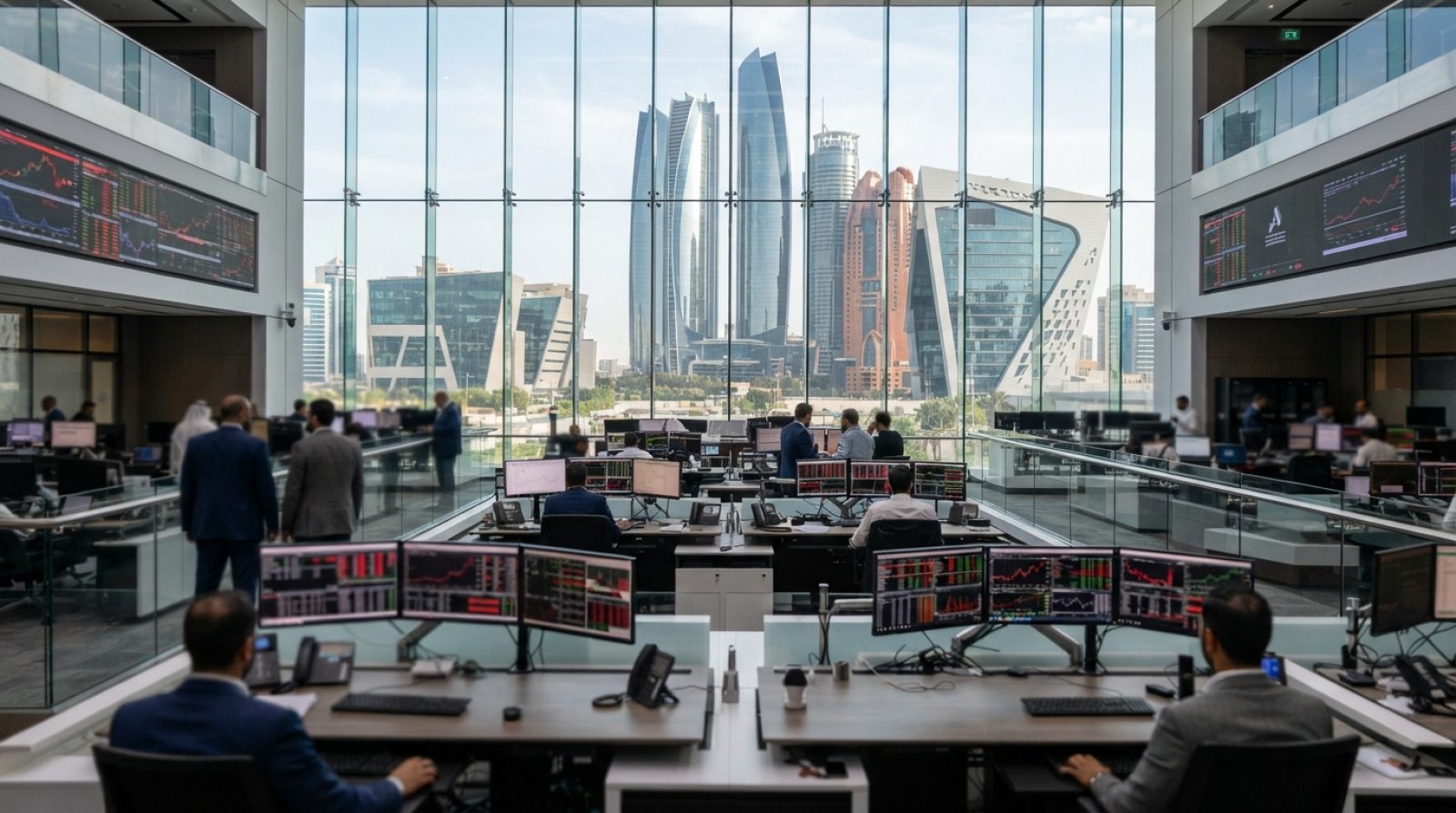 Illustration: A modern stock exchange trading hall and financial district towers in the United Arab Emirates with digital market data displays showing