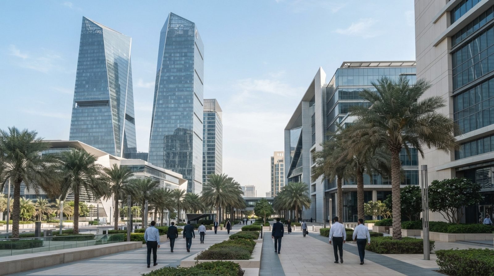 Illustration: A modern financial district architectural exterior in the United Arab Emirates with gleaming glass office towers and manicured urban wal