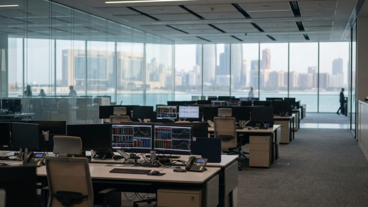 Illustration: A modern financial trading floor and digital stock exchange display screens inside a contemporary business tower in Dubai or Abu Dhabi,