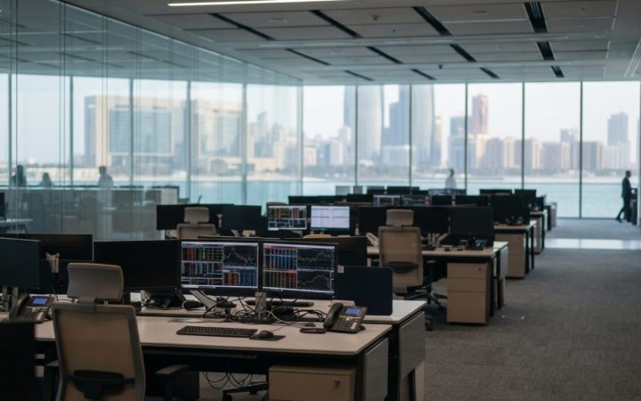 Illustration: A modern financial trading floor and digital stock exchange display screens inside a contemporary business tower in Dubai or Abu Dhabi,