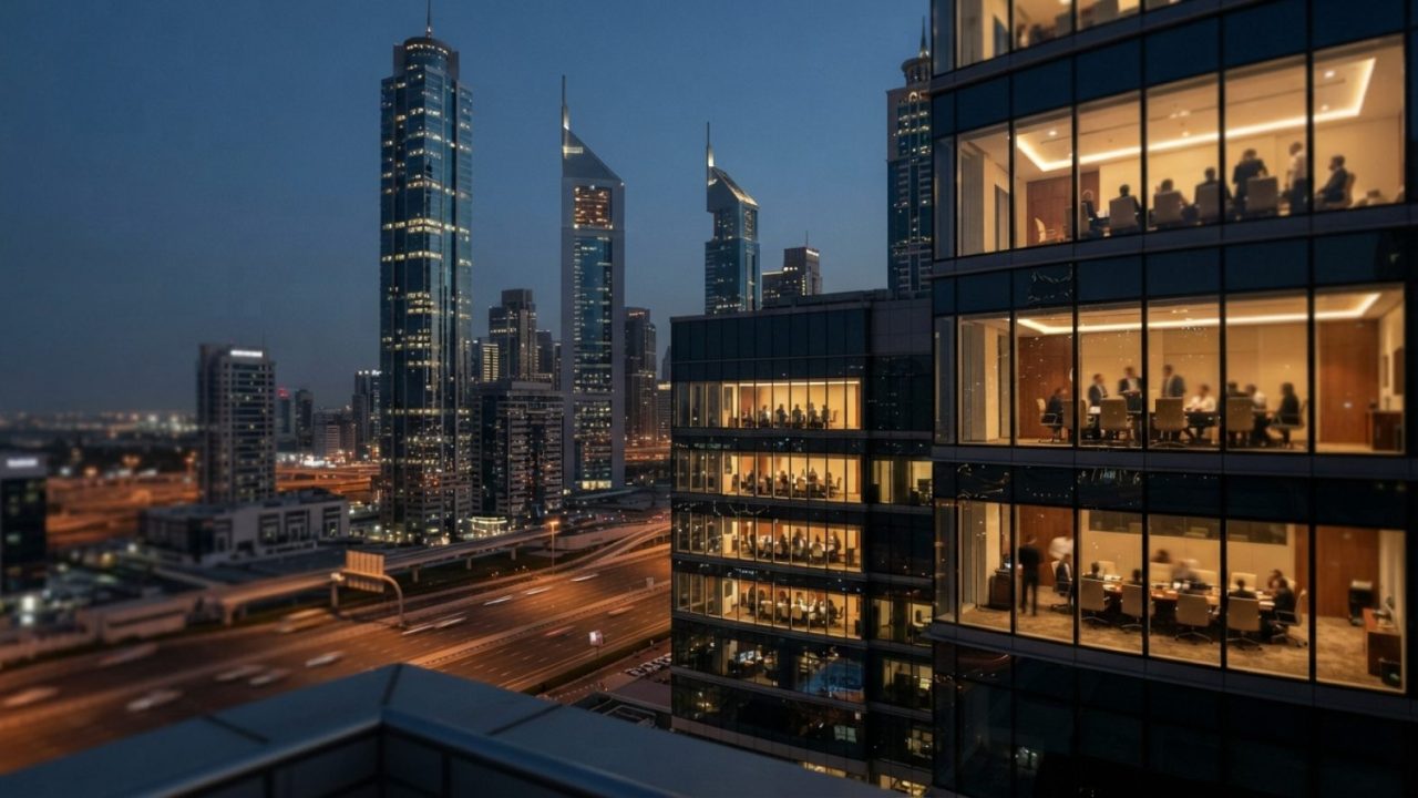 Illustration: Editorial photograph of modern financial district skyscrapers in Dubai with floor-to-ceiling glass office towers, boardroom meeting tabl