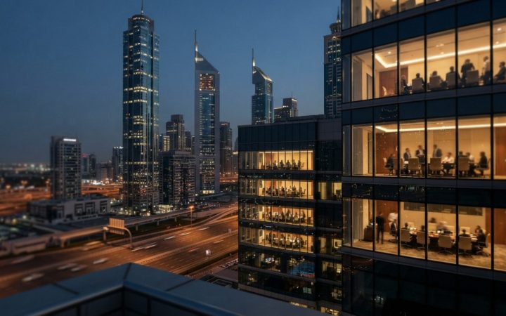 Illustration: Editorial photograph of modern financial district skyscrapers in Dubai with floor-to-ceiling glass office towers, boardroom meeting tabl