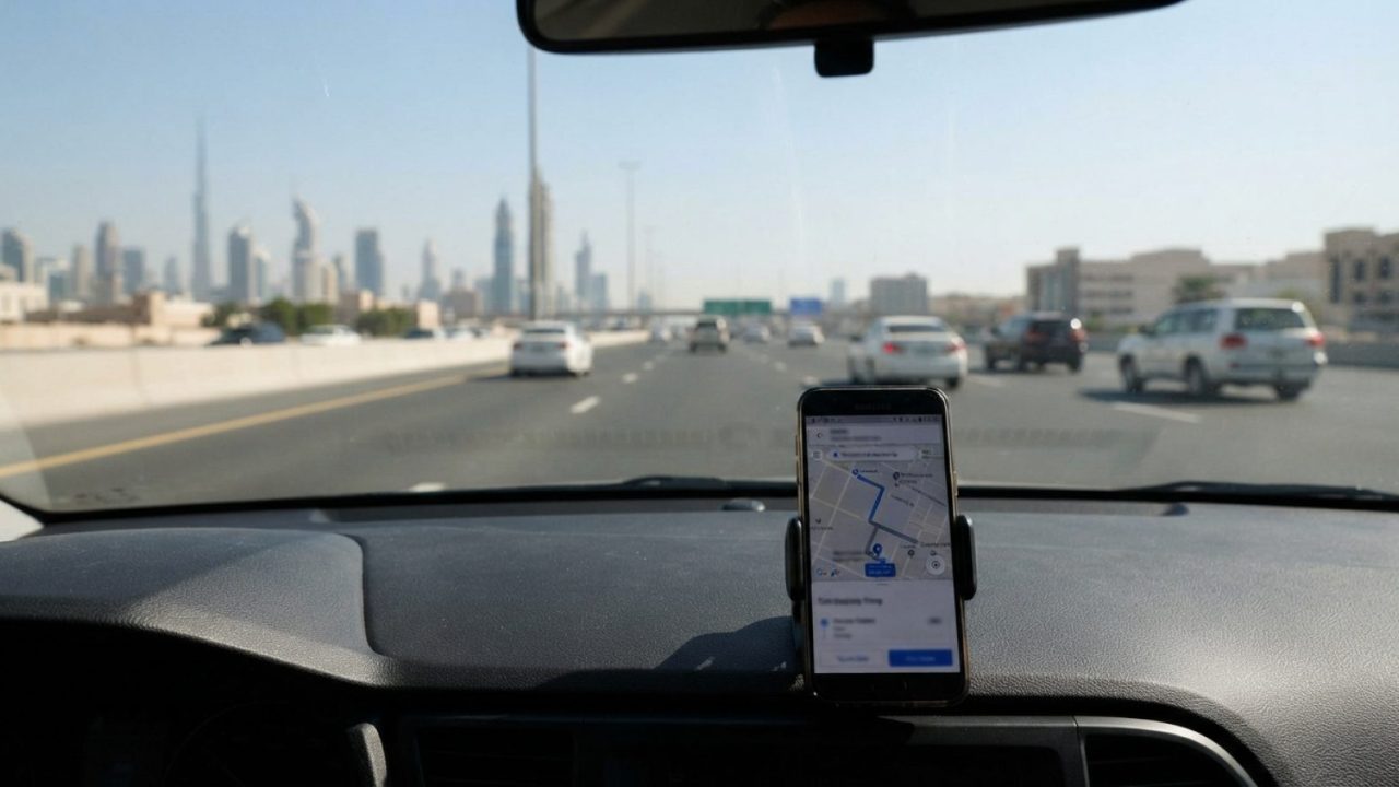 Illustration: A modern smartphone mounted on the dashboard of a vehicle, showing a minimalist car-sharing digital map interface, with a clear view thr