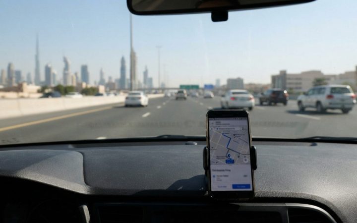 Illustration: A modern smartphone mounted on the dashboard of a vehicle, showing a minimalist car-sharing digital map interface, with a clear view thr